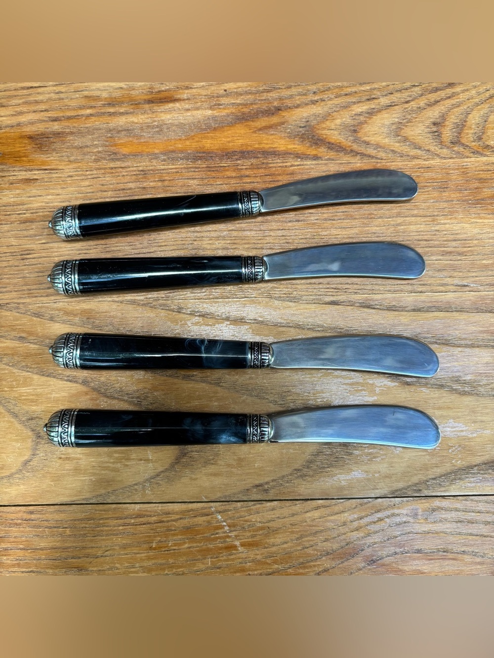 Stainless china marbled resin handles silver filigree end caps Cheese Spreaders